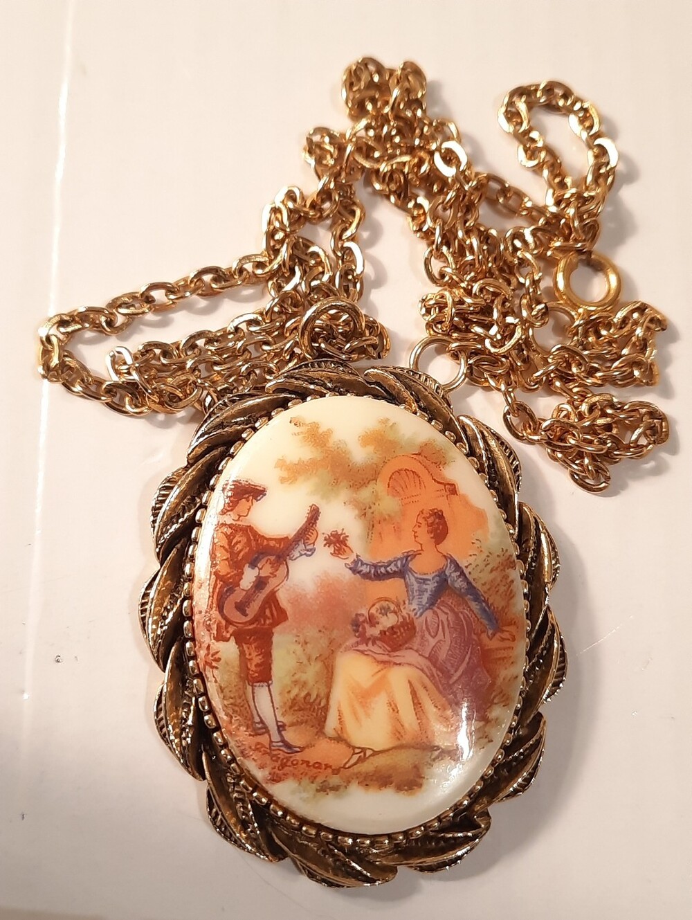 Vintage-Style Gold Cameo Pendant Necklace with Pastel Scene